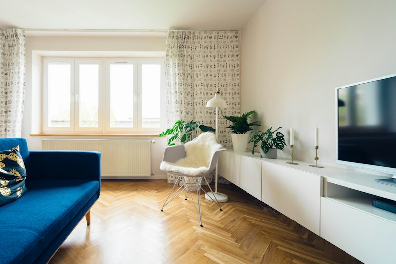 A compact living room with a blue sofa and wood floors