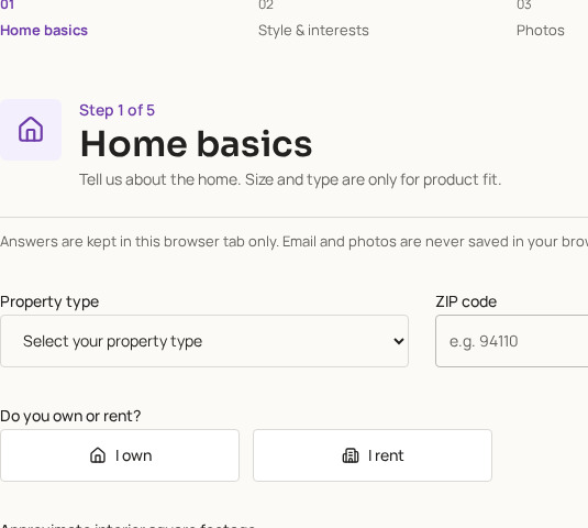 HearthSeal home-details form with empty property type, ownership and size fields